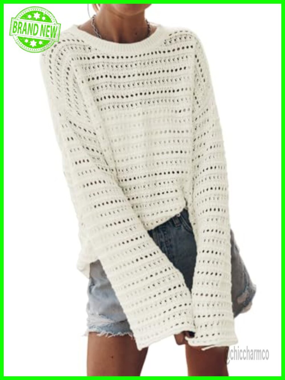 Womens Long Sleeve Crochet Pullover Sweater Crew Neck Hollow Out Knit Top